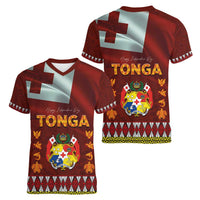Tonga Independence Day Women V-Neck T-Shirt National Flag and Emblem with Ngatu Art Pattern
