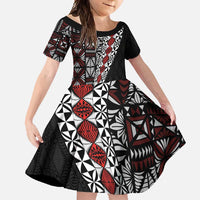 Tonga Ngatu Art Tattoo Polynesian Family Matching Long Sleeve Bodycon Dress and Hawaiian Shirt LT03 Daughter's Dress Black - Polynesian Pride
