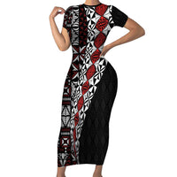 Tonga Ngatu Art Tattoo Polynesian Family Matching Short Sleeve Bodycon Dress and Hawaiian Shirt LT03 Mom's Dress Black - Polynesian Pride