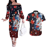 Hawaiian and Japanese Together Couples Matching Off The Shoulder Long Sleeve Dress and Hawaiian Shirt Hibiscus and Koi Fish Polynesian Pattern Colorful Style LT03 Red - Polynesian Pride