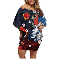 Hawaiian and Japanese Together Family Matching Off Shoulder Short Dress and Hawaiian Shirt Hibiscus and Koi Fish Polynesian Pattern Colorful Style LT03 Mom's Dress Red - Polynesian Pride