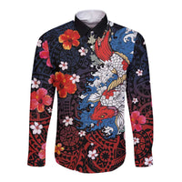Hawaiian and Japanese Together Long Sleeve Button Shirt Hibiscus and Koi Fish Polynesian Pattern Colorful Style LT03 Unisex Red - Polynesian Pride