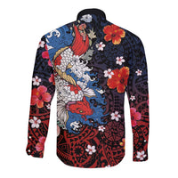 Hawaiian and Japanese Together Long Sleeve Button Shirt Hibiscus and Koi Fish Polynesian Pattern Colorful Style LT03 - Polynesian Pride
