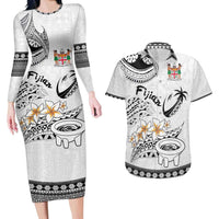 Fijian Traditional Culture Couples Matching Long Sleeve Bodycon Dress and Hawaiian Shirt Tapa Tribal Tattoos LT03 White - Polynesian Pride