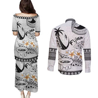 Fijian Traditional Culture Couples Matching Puletasi and Long Sleeve Button Shirt Tapa Tribal Tattoos - Polynesian Pride