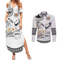 Fijian Traditional Culture Couples Matching Summer Maxi Dress and Long Sleeve Button Shirt Tapa Tribal Tattoos LT03 White - Polynesian Pride