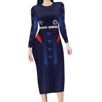 Custom Rugby Samoa Family Matching Long Sleeve Bodycon Dress and Hawaiian Shirt Siva Tau Spirit Sporty Vibes LT03 Mom's Dress Navy - Polynesian Pride