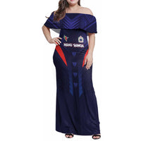 Custom Rugby Samoa Family Matching Off Shoulder Maxi Dress and Hawaiian Shirt Siva Tau Spirit Sporty Vibes LT03 Mom's Dress Navy - Polynesian Pride