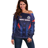 Custom Rugby Samoa Off Shoulder Sweater Siva Tau Spirit Sporty Vibes LT03 Women Navy - Polynesian Pride