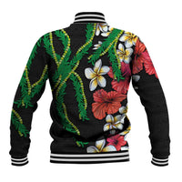 Hawaiian Tropical Flowers and Maile Pikake Baseball Jacket Polynesian Tribal Pattern Black Color