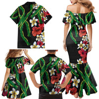 Hawaiian Tropical Flowers and Maile Pikake Family Matching Mermaid Dress and Hawaiian Shirt Polynesian Tribal Pattern Black Color LT03 - Polynesian Pride