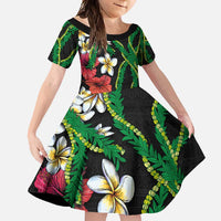 Hawaiian Tropical Flowers and Maile Pikake Family Matching Off Shoulder Maxi Dress and Hawaiian Shirt Polynesian Tribal Pattern Black Color LT03 Daughter's Dress Black - Polynesian Pride