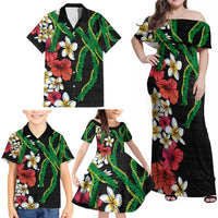 Hawaiian Tropical Flowers and Maile Pikake Family Matching Off Shoulder Maxi Dress and Hawaiian Shirt Polynesian Tribal Pattern Black Color LT03 - Polynesian Pride