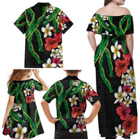 Hawaiian Tropical Flowers and Maile Pikake Family Matching Off Shoulder Maxi Dress and Hawaiian Shirt Polynesian Tribal Pattern Black Color LT03 - Polynesian Pride