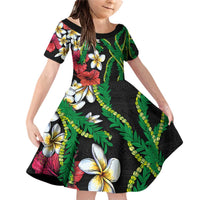 Hawaiian Tropical Flowers and Maile Pikake Family Matching Off Shoulder Short Dress and Hawaiian Shirt Polynesian Tribal Pattern Black Color LT03 Daughter's Dress Black - Polynesian Pride