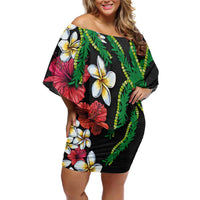 Hawaiian Tropical Flowers and Maile Pikake Family Matching Off Shoulder Short Dress and Hawaiian Shirt Polynesian Tribal Pattern Black Color LT03 Mom's Dress Black - Polynesian Pride