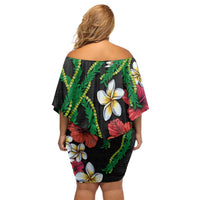 Hawaiian Tropical Flowers and Maile Pikake Family Matching Off Shoulder Short Dress and Hawaiian Shirt Polynesian Tribal Pattern Black Color LT03 - Polynesian Pride
