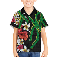 Hawaiian Tropical Flowers and Maile Pikake Family Matching Puletasi and Hawaiian Shirt Polynesian Tribal Pattern Black Color LT03 Son's Shirt Black - Polynesian Pride