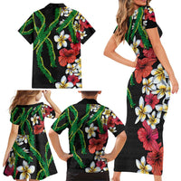 Hawaiian Tropical Flowers and Maile Pikake Family Matching Short Sleeve Bodycon Dress and Hawaiian Shirt Polynesian Tribal Pattern Black Color LT03 - Polynesian Pride