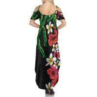 Hawaiian Tropical Flowers and Maile Pikake Family Matching Summer Maxi Dress and Hawaiian Shirt Polynesian Tribal Pattern Black Color LT03 - Polynesian Pride