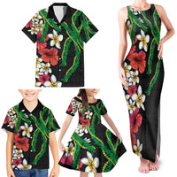 Hawaiian Tropical Flowers and Maile Pikake Family Matching Tank Maxi Dress and Hawaiian Shirt Polynesian Tribal Pattern Black Color LT03 - Polynesian Pride