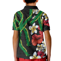 Hawaiian Tropical Flowers and Maile Pikake Kid Polo Shirt Polynesian Tribal Pattern Black Color