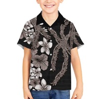 Hawaiian Tropical Flowers and Maile Pikake Family Matching Off Shoulder Short Dress and Hawaiian Shirt Polynesian Tribal Pattern Grayscale Mode LT03 Son's Shirt Black - Polynesian Pride