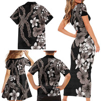 Hawaiian Tropical Flowers and Maile Pikake Family Matching Short Sleeve Bodycon Dress and Hawaiian Shirt Polynesian Tribal Pattern Grayscale Mode LT03 - Polynesian Pride