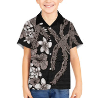 Hawaiian Tropical Flowers and Maile Pikake Family Matching Short Sleeve Bodycon Dress and Hawaiian Shirt Polynesian Tribal Pattern Grayscale Mode LT03 Son's Shirt Black - Polynesian Pride