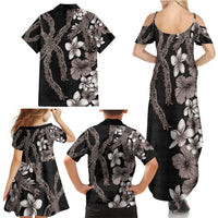 Hawaiian Tropical Flowers and Maile Pikake Family Matching Summer Maxi Dress and Hawaiian Shirt Polynesian Tribal Pattern Grayscale Mode LT03 - Polynesian Pride
