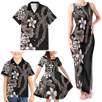 Hawaiian Tropical Flowers and Maile Pikake Family Matching Tank Maxi Dress and Hawaiian Shirt Polynesian Tribal Pattern Grayscale Mode LT03 - Polynesian Pride