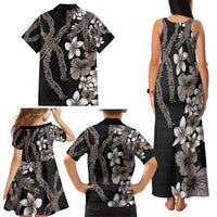 Hawaiian Tropical Flowers and Maile Pikake Family Matching Tank Maxi Dress and Hawaiian Shirt Polynesian Tribal Pattern Grayscale Mode LT03 - Polynesian Pride