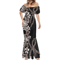 Hawaiian Tropical Flowers and Maile Pikake Mermaid Dress Polynesian Tribal Pattern Grayscale Mode