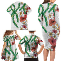 Hawaiian Tropical Flowers and Maile Pikake Family Matching Long Sleeve Bodycon Dress and Hawaiian Shirt Polynesian Tribal Pattern White Color LT03 - Polynesian Pride