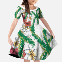 Hawaiian Tropical Flowers and Maile Pikake Family Matching Off Shoulder Maxi Dress and Hawaiian Shirt Polynesian Tribal Pattern White Color LT03 Daughter's Dress White - Polynesian Pride