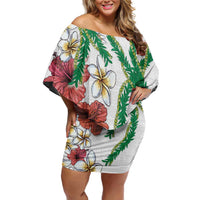 Hawaiian Tropical Flowers and Maile Pikake Family Matching Off Shoulder Short Dress and Hawaiian Shirt Polynesian Tribal Pattern White Color LT03 Mom's Dress White - Polynesian Pride