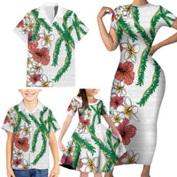 Hawaiian Tropical Flowers and Maile Pikake Family Matching Short Sleeve Bodycon Dress and Hawaiian Shirt Polynesian Tribal Pattern White Color LT03 - Polynesian Pride