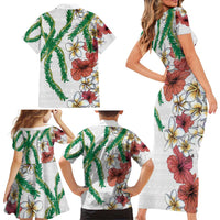 Hawaiian Tropical Flowers and Maile Pikake Family Matching Short Sleeve Bodycon Dress and Hawaiian Shirt Polynesian Tribal Pattern White Color LT03 - Polynesian Pride