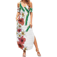 Hawaiian Tropical Flowers and Maile Pikake Family Matching Summer Maxi Dress and Hawaiian Shirt Polynesian Tribal Pattern White Color LT03 Mom's Dress White - Polynesian Pride