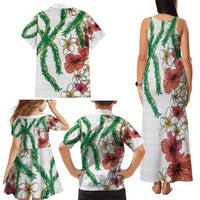 Hawaiian Tropical Flowers and Maile Pikake Family Matching Tank Maxi Dress and Hawaiian Shirt Polynesian Tribal Pattern White Color LT03 - Polynesian Pride