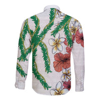 Hawaiian Tropical Flowers and Maile Pikake Long Sleeve Button Shirt Polynesian Tribal Pattern White Color LT03 - Polynesian Pride