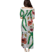 Hawaiian Tropical Flowers and Maile Pikake Puletasi Polynesian Tribal Pattern White Color