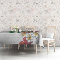 Hawaiian Tropical Flowers and Maile Pikake Tablecloth Polynesian Tribal Pattern White Color