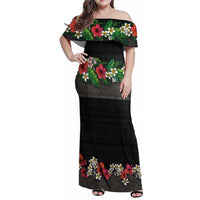 Hawaiian Tropical Flowers and Tribal Polynesian Tattoo Family Matching Off Shoulder Maxi Dress and Hawaiian Shirt Black Color LT03 Mom's Dress Black - Polynesian Pride