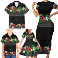 Hawaiian Tropical Flowers and Tribal Polynesian Tattoo Family Matching Short Sleeve Bodycon Dress and Hawaiian Shirt Black Color LT03 - Polynesian Pride