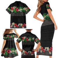 Hawaiian Tropical Flowers and Tribal Polynesian Tattoo Family Matching Short Sleeve Bodycon Dress and Hawaiian Shirt Black Color LT03 - Polynesian Pride