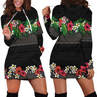Hawaiian Tropical Flowers and Tribal Polynesian Tattoo Hoodie Dress Black Color LT03 - Polynesian Pride