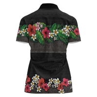 Hawaiian Tropical Flowers and Tribal Polynesian Tattoo Women Polo Shirt Black Color LT03 - Polynesian Pride
