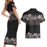 Hawaiian Tropical Flowers and Tribal Polynesian Tattoo Couples Matching Short Sleeve Bodycon Dress and Hawaiian Shirt Grayscale Mode LT03 - Polynesian Pride