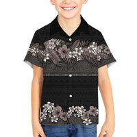 Hawaiian Tropical Flowers and Tribal Polynesian Tattoo Family Matching Off The Shoulder Long Sleeve Dress and Hawaiian Shirt Grayscale Mode LT03 Son's Shirt Black - Polynesian Pride